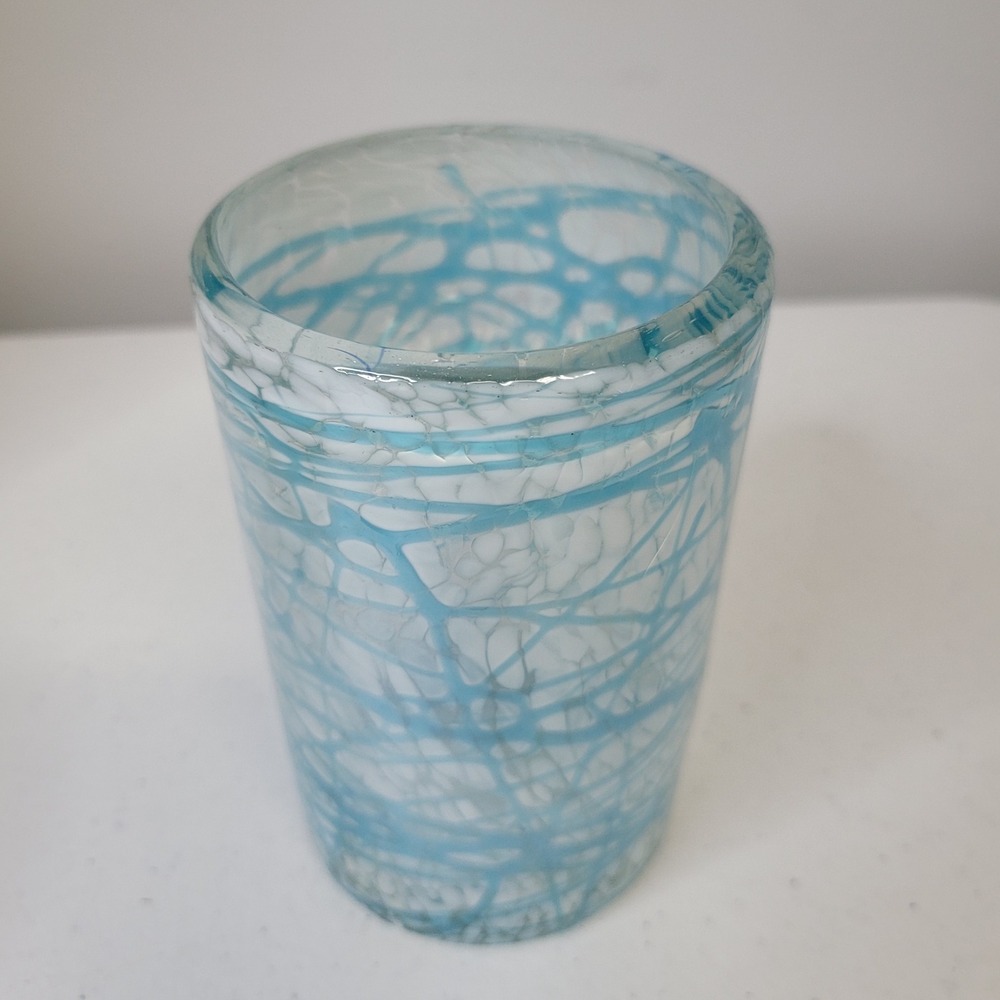 Handmade Mexico Blue White Confetti Swirl Blown Glass Tumbler Highball Vase 5.5"